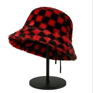 Red Checkered Fuzzy Bucket Hat